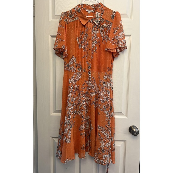 Nanette Lepore Dress Womens 14 Orange Floral Button Up Short Sleeve Boho Retro - Picture 1 of 15